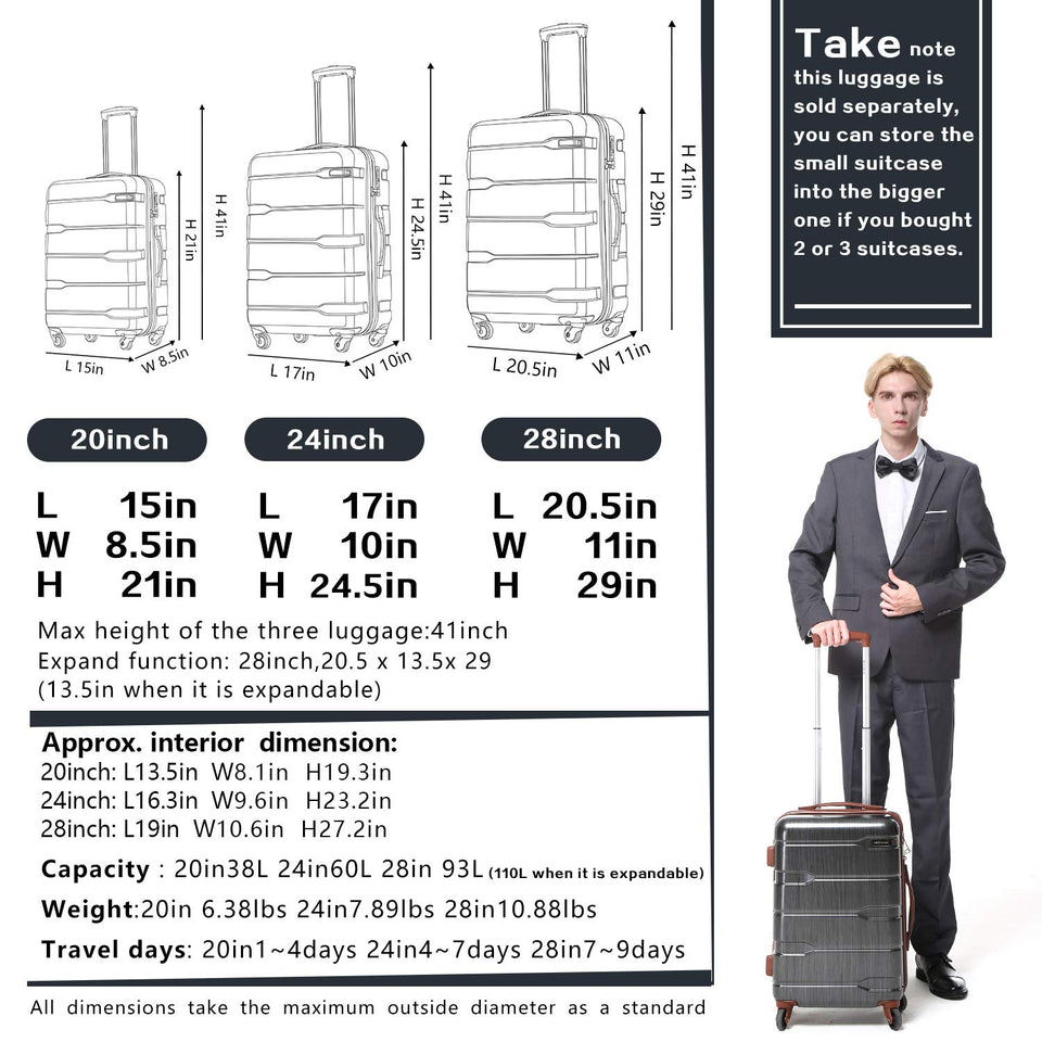 COOLIFE Luggage Expandable(only 28") Suitcase PC+ABS Spinner Built-in TSA Lock 20in 24in 28in Carry on