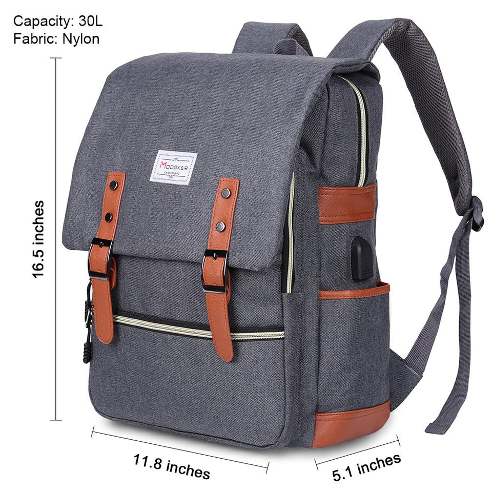 Modoker Vintage Laptop Backpack for Women Men,School College Backpack with USB Charging Port Fashion Backpack Fits 15 inch Notebook (Grey)