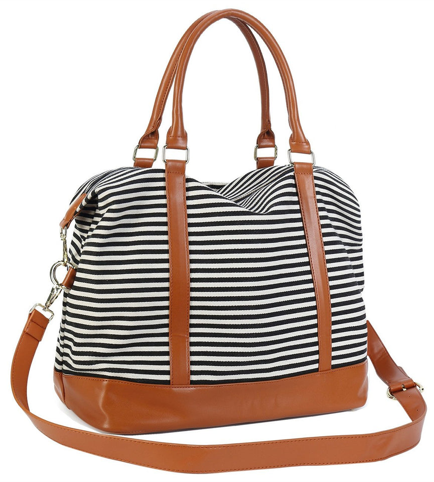 Women Ladies Canvas Weekender Bag Overnight Carry-on Tote Duffel in Trolley Handle (Black Stripe)