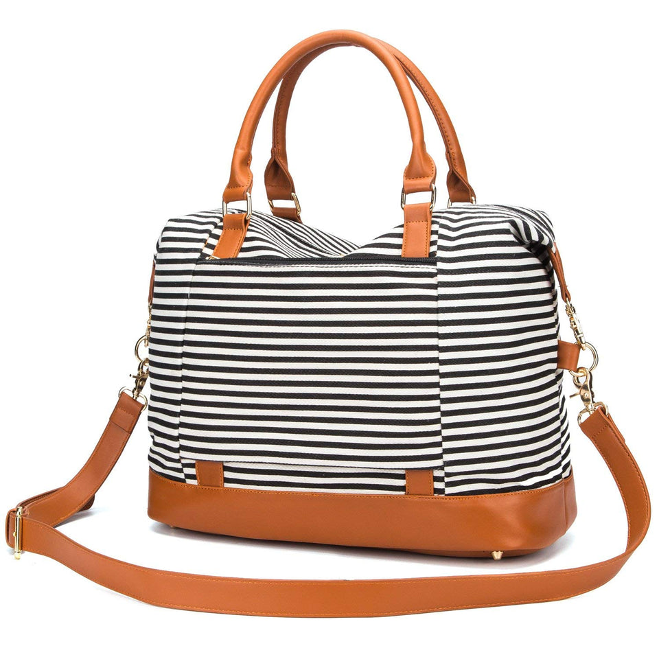 Women Ladies Canvas Weekender Bag Overnight Carry-on Tote Duffel in Trolley Handle (Black Stripe)